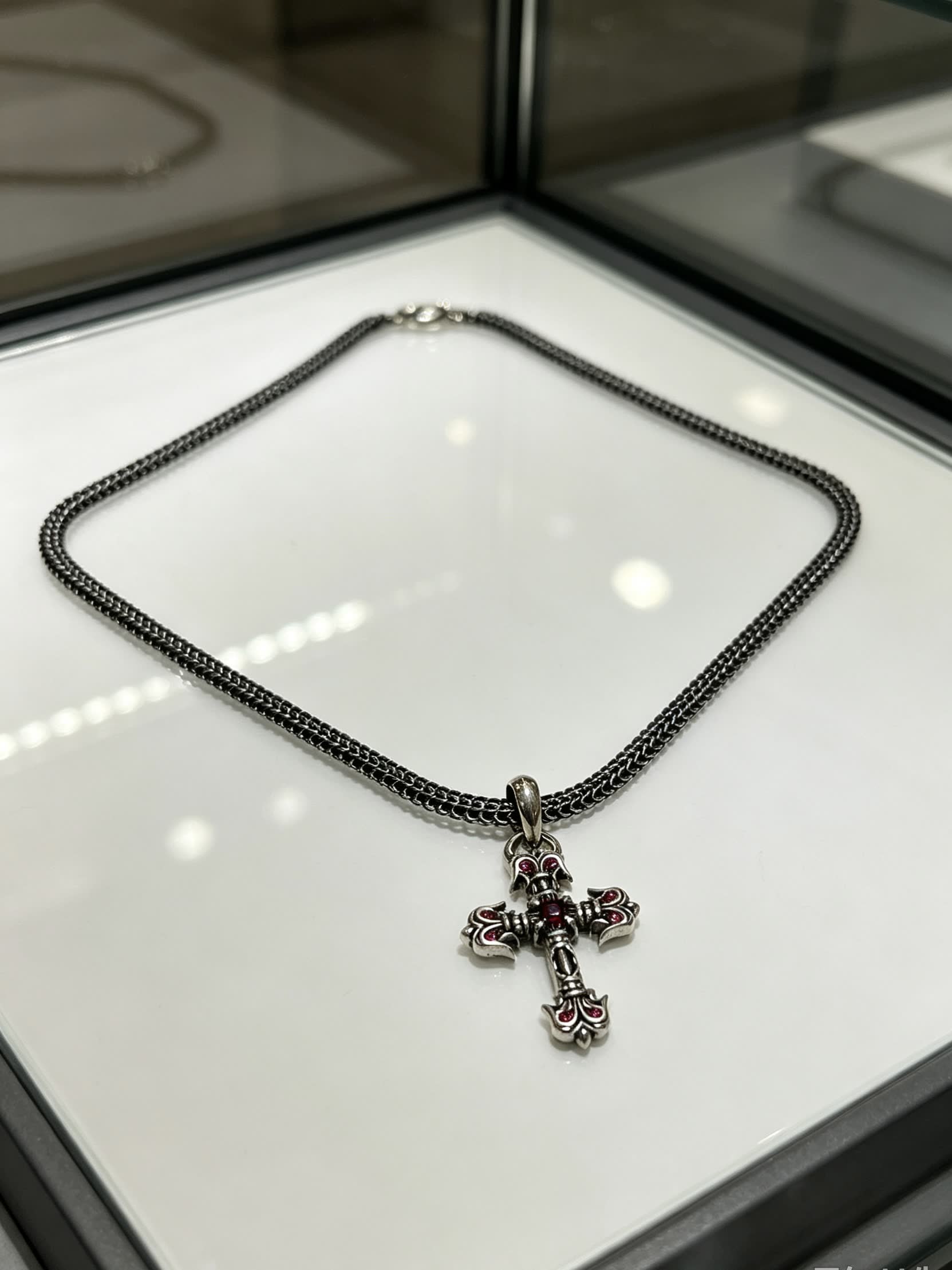 Chrome Hearts Silver Cross Pendant with Pink Stones